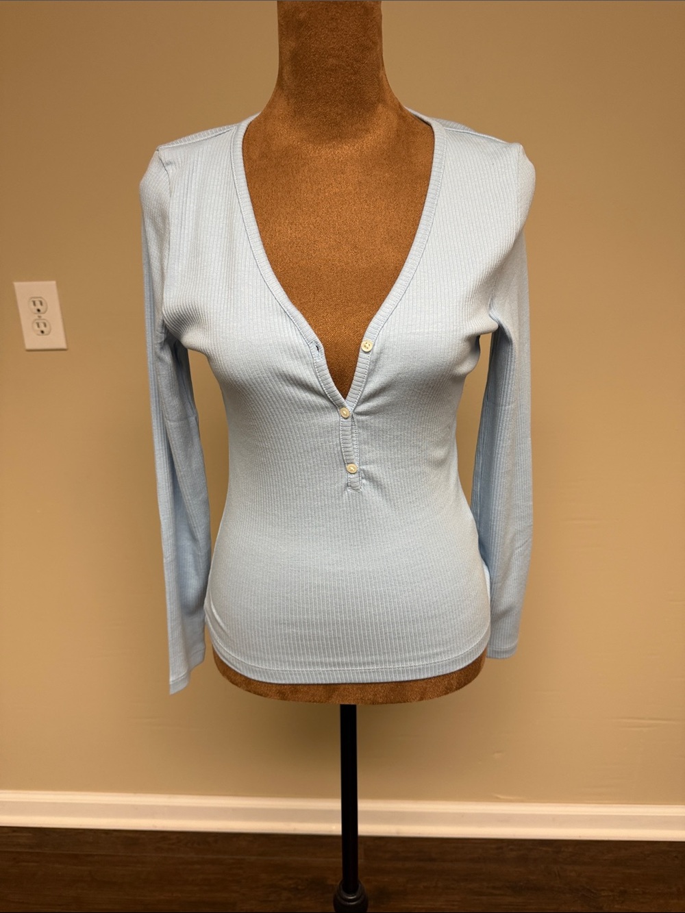 J. Crew Light Blue Ribbed V-Neck Henley Long Sleeve Top